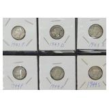 6 Roosevelt Silver Dimes - 1943 P, D & S and 1944