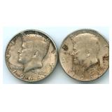 Lot of 2 Kennedy  90% Silver Half Dollar Coins,