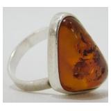 Sterling Silver Amber Ring weighs 6.6-Grams, Size