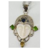 925 Silver Green, Blue Face Necklace - 21.63 g