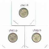 (3) 90% Silver Mercury Dimes: 1941-D, 1942-D and