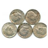 Lot of 5 Kennedy 40% Silver Half-Dollar Coins,