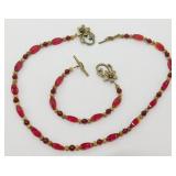 Vintage Red and Gold Tone Bead Necklace and