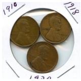 Group of 3 Lincoln Wheat Cents - 1910, 1918 &