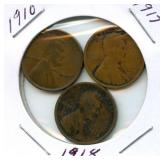 Group of 3 Lincoln Wheat Cents - 1910, 1917 &