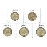 (5) Washington Silver Quarter: 1962-D, 1963,
