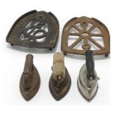 3 Small Vintage Sad Irons & 2 Sad Iron Stands
