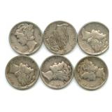 Group of 5 Mercury Silver Dimes