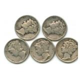 Group of 5 Mercury Silver Dimes