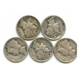 Group of 5 Mercury Silver Dimes