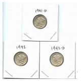 Group of 3 Mercury Silver Dimes - 1941-D, 1942 &