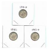 Group of 3 Mercury Silver Dimes - 1941-D, 1942 &