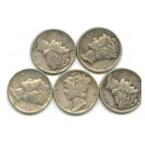 Group of 5 Mercury Silver Dimes