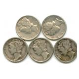 Group of 5 Mercury Silver Dimes