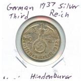 1937 German Third Reich Silver 2 Mark Hindenburg