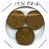 1936 Lincoln Wheat Cent Set - P, D & S Mint Marks