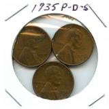 1935 Lincoln Wheat Cent Set - P, D & S Mint Marks