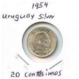1954 Uruguay Silver 20 Centesimes