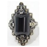 Vintage Sterling Silver Onyx Marcasite Ring -
