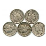 Group of 5 Mercury Silver Dimes