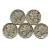 Group of 5 Mercury Silver Dimes
