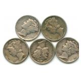 Group of 5 Mercury Silver Dimes