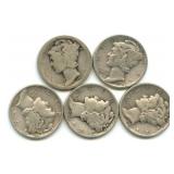 Group of 5 Mercury Silver Dimes