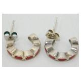 Vintage Sterling Silver Coral Hoop Earrings -