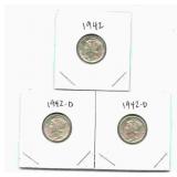 Group of 3 Mercury Silver Dimes - 1942 & (2)