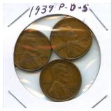 1939 Lincoln Wheat Cent Set - P, D & S Mint Marks