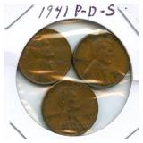 1941 Lincoln Wheat Cent Set - P, D & S Mint Marks