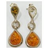 Pair of Sterling Amber Stone Earrings
