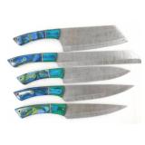 Group of 5 New Damascus Steel Kitchen Knives