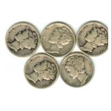 (5) 1939 Mercury Silver Dimes