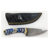 New Damascus Steel Drop Point Knife with Leather
