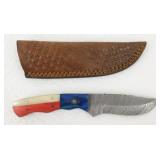 New Damascus Steel Drop Point Knife with Leather