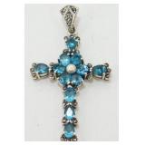 Sterling Silver Blue Stone Cross - 2.5' x 1.5'