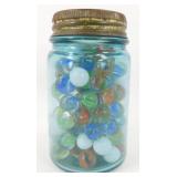 Vintage Marbles in Blue Jar w/ Glass Lid