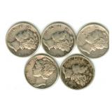 (5) 1944 Mercury Silver Dimes