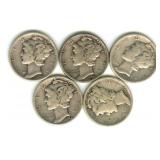 (5) 1944 Mercury Silver Dimes