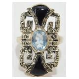Sterling Silver Art Deco Faceted Blue Stone