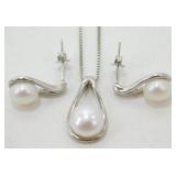 Sterling Silver Pearl Necklace and Earrings - 18'