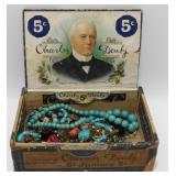 Old Cigar Box with Costume Jewelry - Earrings and