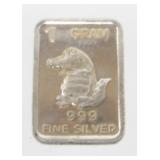 1 gram Silver Bar - Gator Design, .999 Fine