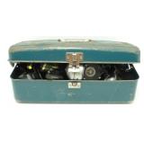 * Vintage Blue Metal Tackle Box Full of Reels