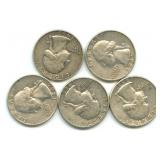 (5) 1962-D Washington Silver Quarters