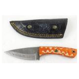 New Damascus Steel Drop Point Knife with Leather