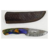 New Damascus Steel Drop Point Knife with Leather