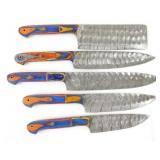 Group of 5 Damascus Steel Kitchen Knives