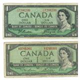 2 Canadian 1954 One Dollar Notes - One with Devil
